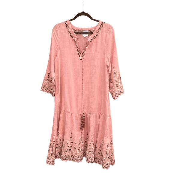 NWOT MISA Los Angeles Embroidered Drop Waist Boho Dress W/Belt Dusty Rose Sz XS - Picture 1 of 12